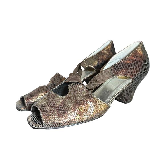 Ros Hommerson peep toe heel comfort size 10 1/2 Wide brown and gold snake skin - Picture 2 of 11